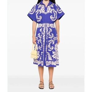 NWT Etro Milano $1,850 Blue Midi V-Neck Paisley Fit Flare Boho Style Dress Sz 42